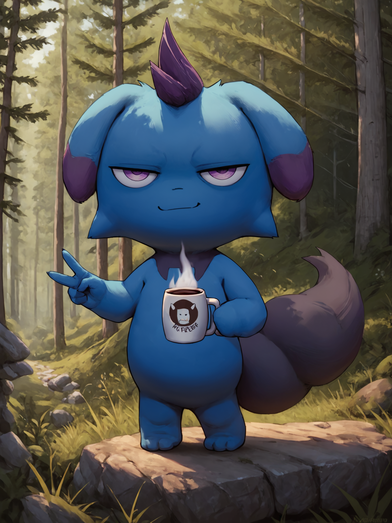 score_9, score_8_up, score_7_up, score_6_up, score_5_up, score_4_up, forest, detailed background, front view, full body BREAK
<lora:Depresso_PDXL_v2-000010:1> depresso, blue body, purple hair, purple eyes, black tail, looking at viewer, smug, smile, holding mug, coffee mug, v sign, standing