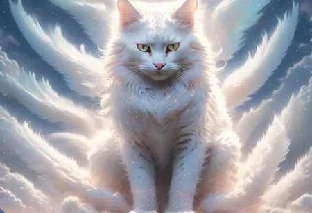 (best quality, masterpiece, perfect face,) A realistic cute tiny mythical white cat with light blue eyes, in wonderland world with (magical little fairies yellow creatures:1.10) epic, absurd