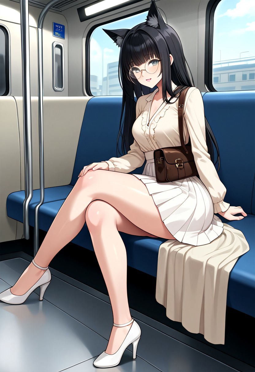 slim woman, big hips, big tits, black hair, long hair, straight bangs, hime princess hair, big boobs, white light in the hair, black fox ears, round glasses, brown eyes, big thighs, beige blouse, long white skirt, white heels, sitting, in a subway, side right view, close up, brown leather female bag
