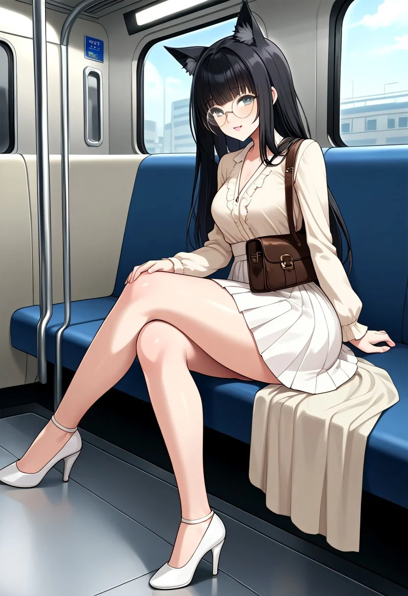 slim woman, big hips, big tits, black hair, long hair, straight bangs, hime princess hair, big boobs, white light in the hair, black fox ears, round glasses, brown eyes, big thighs, beige blouse, long white skirt, white heels, sitting, in a subway, side right view, close up, brown leather female bag