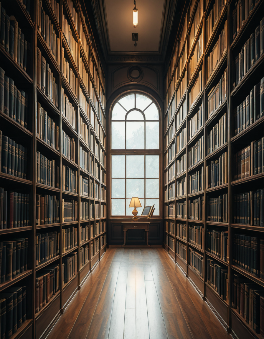 A quiet and dimly lit aisle in a grand university library, lined with tall wooden bookshelves filled with countless books of various sizes and colors. The shelves stretch high, nearly reaching the ceiling, with small ladders placed along the aisle for access to the upper rows. The soft glow of overhead lights casts a warm ambiance, illuminating the dust particles floating in the air. The floor is covered in polished hardwood or a subtle-patterned carpet, absorbing the quiet footsteps of visitors. At the far end of the aisle, a large window lets in a gentle stream of natural light, creating a contrast between the warm artificial glow and the cool daylight. Some books are slightly pulled out from the shelves, and a few are stacked on a nearby wooden table, suggesting recent use. The atmosphere is serene and intellectual, evoking a sense of knowledge, discovery, and timeless academia. The composition is symmetrical, drawing the eye down the center of the aisle, creating depth and perspective.
<lora:SDXLFaeTastic2400:0.4> <lora:extremely_detailed:0.4> extremely detailed, <lora:University_Library_41sl3-ill:1>,University Library 41sl3, Masterpiece,best quality,hi res,8k,hi res,8k,award winning,(sharp focus, intricate, highly detailed),