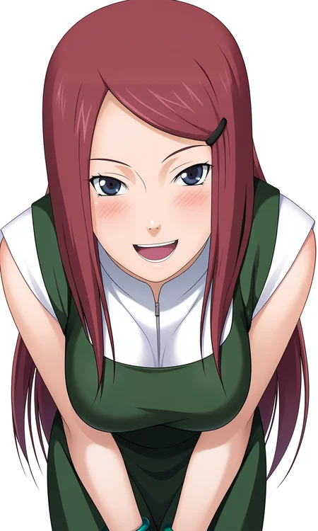 game cg,
breasts,
from above, pov, bent over,
kushinauzumaki, 1girl, solo, looking at viewer, long hair, hairclip,bracelet,
green apron, white shirt, collar,
cowboy shot,
standing,
smile, blush, open mouth,
white background, simple background,
<lora:Naruto_KushinaUzumaki_v2_PXL-000018:1>