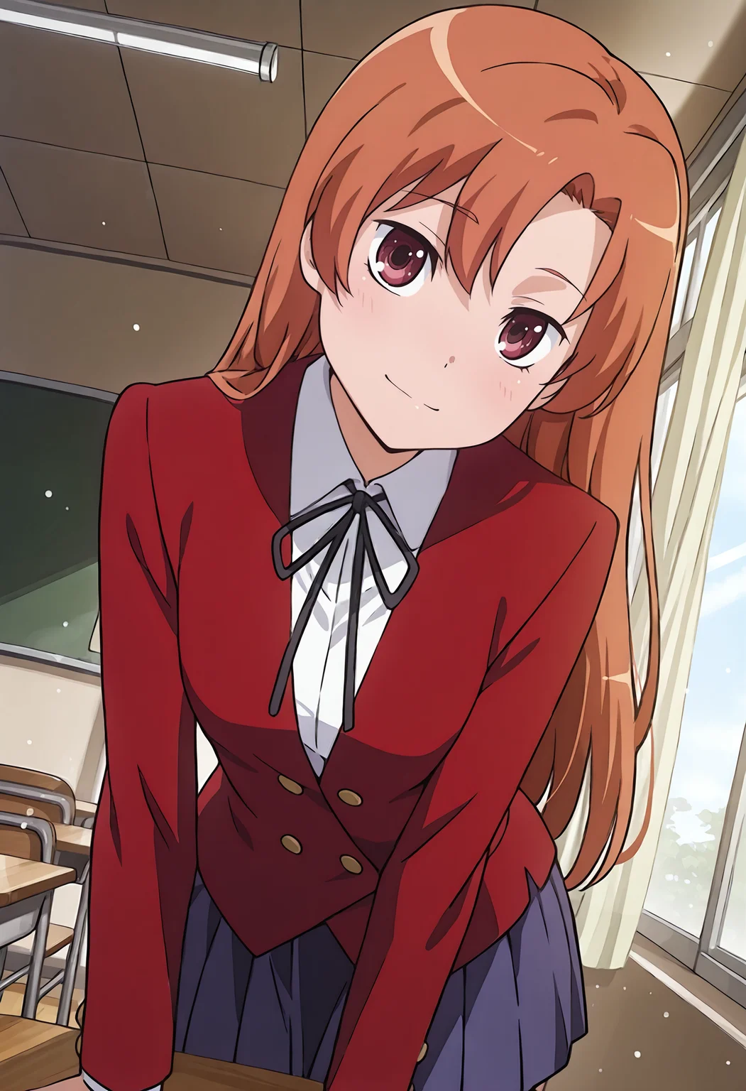 best quality, amazing quality, perfect quality, high quality, masterpiece, absolutely eye-catching BREAK
<lora:Toradora_-_Maya_Kihara:1> ToradoraMaya, dark red eyes, orange hair, long hair, parted bangs, small breasts BREAK
school uniform, black neck ribbon, red blazer, white shirt, long sleeves, blue pleated skirt BREAK
indoors, school, classroom, school desk, window, curtain, sunbeam, light particles BREAK
1girl, solo, leaning on table, light smile, head tilt, looking at viewer, dutch angle, cowboy shot