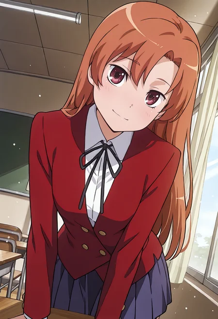 best quality, amazing quality, perfect quality, high quality, masterpiece, absolutely eye-catching BREAK
<lora:Toradora_-_Maya_Kihara:1> ToradoraMaya, dark red eyes, orange hair, long hair, parted bangs, small breasts BREAK
school uniform, black neck ribbon, red blazer, white shirt, long sleeves, blue pleated skirt BREAK
indoors, school, classroom, school desk, window, curtain, sunbeam, light particles BREAK
1girl, solo, leaning on table, light smile, head tilt, looking at viewer, dutch angle, cowboy shot
