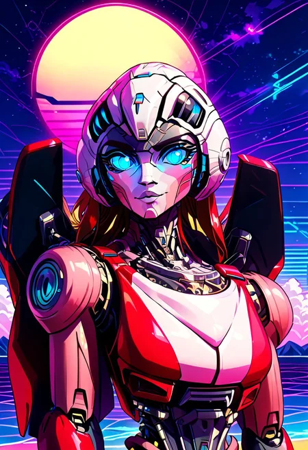 score_9, score_8_up, score_7_up, screencap, detailed eyes, looking at viewer, bust shot, multiple views, perfect face, arceerotb, autobot, 1girl, red and white body, mechanical parts, robot, helmet-like head, robotic face, glowing blue eyes, autobot symbol on forehead, fairing-like chest, wheels on back, narrow waist, synthwave, vaporwave, wave, lasers, sunset, synthwave-galaxy, unique pose, unique angle, multiple views