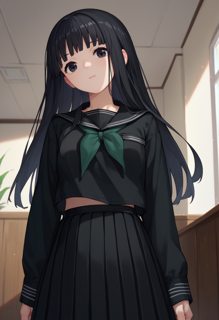 score_9, score_8_up, score_7_up, Rinne, black hair, long hair, black eyes, black serafuku, necktie, long sleeves,  black skirt, black pantyhose, looking at viewer,    indoors,      <lora:Rinne LORA 3-000008:1>