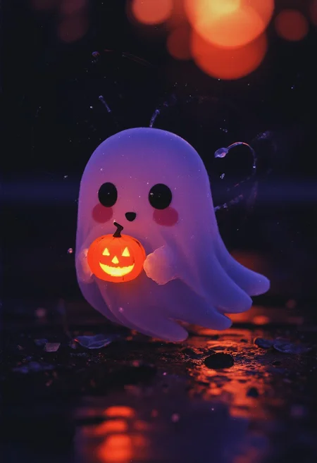 A dark, ethereal lich spirit floats in a haunting void, its form barely visible, flickering with deep violet and midnight blue hues. Its ghostly figure, shadowy and graceful, exudes an eerie, ancient energy. Wisps of darkness swirl around the spirit, shimmering with faint traces of arcane magic. Its texture appears almost spectral, with tendrils of black mist spiraling from its form. The surrounding space feels ominous and otherworldly, as if this spirit has long transcended life. Its hollow gaze pierces through the darkness, cold and distant, exuding a powerful, foreboding presence that sends shivers down the spine. The scene is filled with a sense of mystery and dread, as if this otherworldly being holds secrets from beyond the grave, an embodiment of ancient sorcery and untold power. Extreme Closeup of An adorable, translucent ghost floats gently above a serene lake, its form glowing with a soft, otherworldly light. The ghost’s ethereal figure is whimsical, with large, expressive eyes and a derpy broken smile, as it glances toward the camera in amusement. Holding its translucent brightly colored faintly glowing legendary Pumpkin lantern, adding a playful touch to its spectral appearance. The scene is enchanting, bathed in warm, moonlit hues, with the water below reflecting the shimmering glow of the ghost. Swirls of cosmic mist dance faintly around, adding a subtle sense of magic to the atmosphere, without disrupting the lighthearted mood.