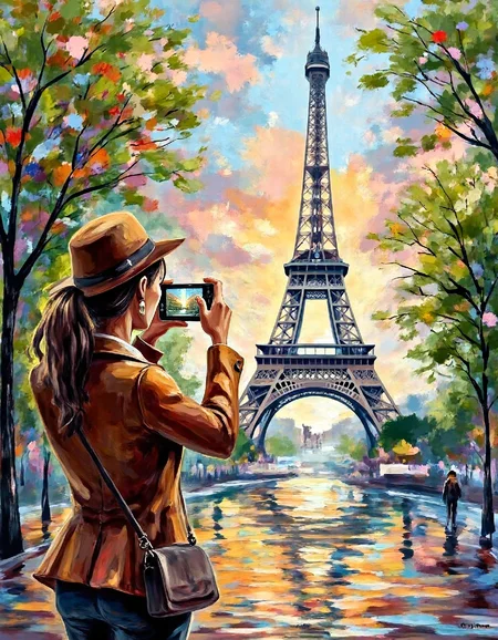 ssf_4bstr4ct painting of a woman taking a picture of the eiffel tower in spring