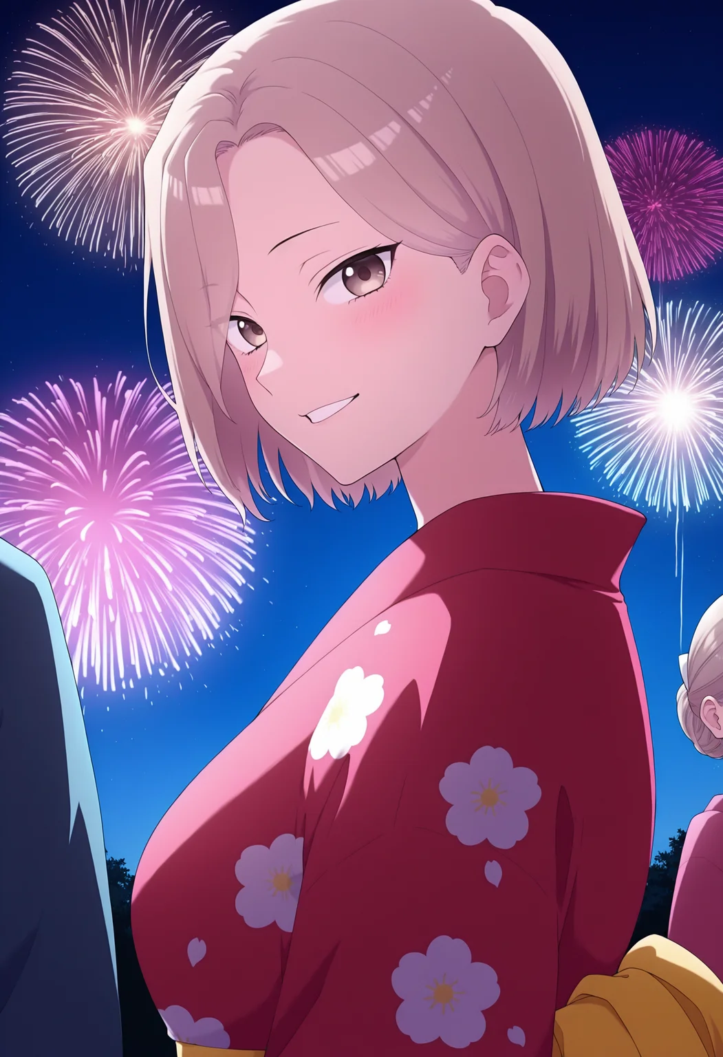 1girl, solo focus, woman, 24yo, furukimaya, tan hair, short hair, brown eyes, medium breasts, ray tracing, anime style,
outside, looking at viewer, night, firework, happy, smile, kimono,, masterpiece, best quality