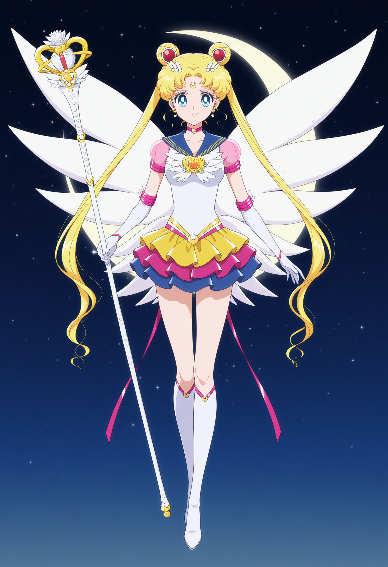 1girl,solo,tsukino usagi,sailor moon,magical girl,blue eyes,sailor senshi uniform,twintails,sailor collar,jewelry,hair bun,crescent facial mark,forehead mark,choker,hair ornament,brooch,earrings,elbow gloves,layered skirt,multicolored skirt,star \(symbol\),short sleeves,see-through sleeves,knee boots,wings,<lora:eternal_sailor_moon.v3:1>,
holding staff,smile,crescent_moon,moon,full body,
masterpiece,best quality,amazing quality,