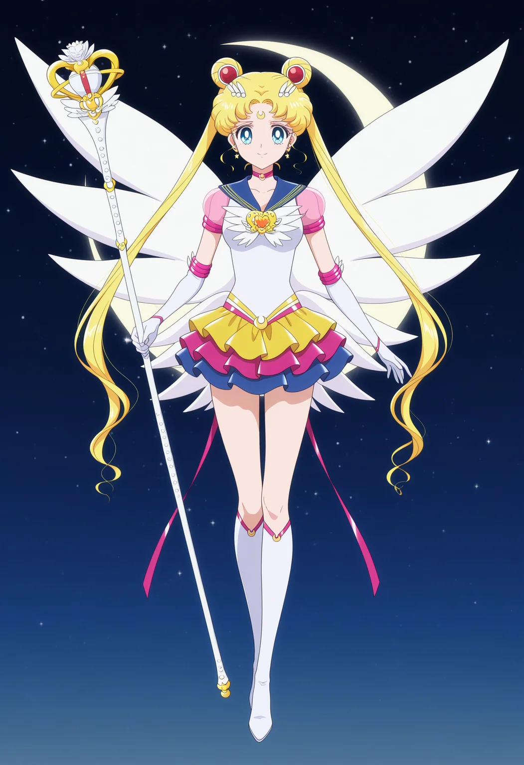 1girl,solo,tsukino usagi,sailor moon,magical girl,blue eyes,sailor senshi uniform,twintails,sailor collar,jewelry,hair bun,crescent facial mark,forehead mark,choker,hair ornament,brooch,earrings,elbow gloves,layered skirt,multicolored skirt,star \(symbol\),short sleeves,see-through sleeves,knee boots,wings,<lora:eternal_sailor_moon.v3:1>,
holding staff,smile,crescent_moon,moon,full body,
masterpiece,best quality,amazing quality,