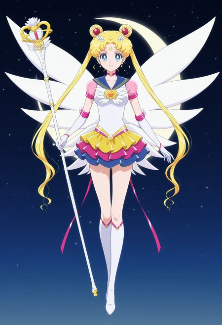 1girl,solo,tsukino usagi,sailor moon,magical girl,blue eyes,sailor senshi uniform,twintails,sailor collar,jewelry,hair bun,crescent facial mark,forehead mark,choker,hair ornament,brooch,earrings,elbow gloves,layered skirt,multicolored skirt,star \(symbol\),short sleeves,see-through sleeves,knee boots,wings,<lora:eternal_sailor_moon.v3:1>,
holding staff,smile,crescent_moon,moon,full body,
masterpiece,best quality,amazing quality,