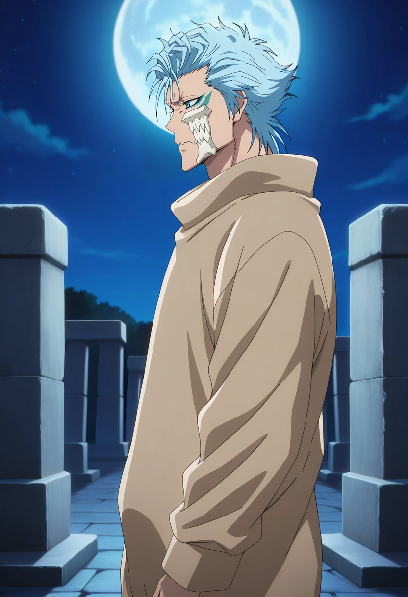 masterpiece, best quality, , anime screencap, , official style, , , 1boy, solo, male focus, <lora:grimmjow_jaegerjaquez_ilxl:0.92>, grimmjow_jaegerjaquez, blue hair, blue eyes, facial mark, arrancar, mask, short hair, from side, stonehenge, night, full moon, standing, wavy mouth, closed mouth, camel costume
