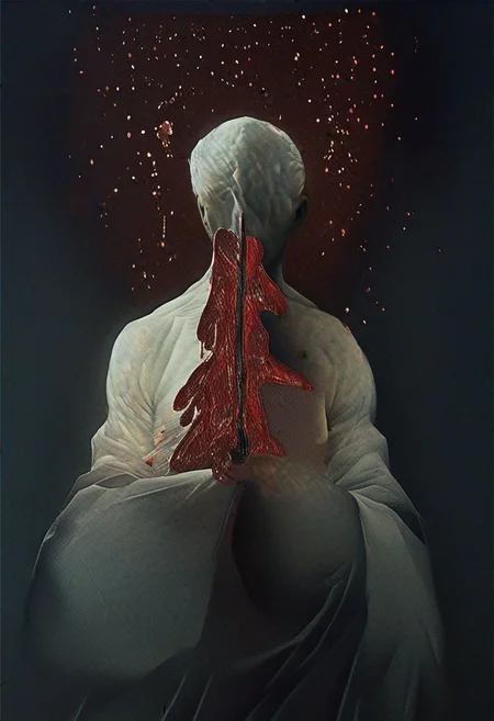painting of an older man and his adult male lover, spark ignites, tortured souls, peacefulness, revelation, surreal dark smeared background, black and gold mutations tears in fabric , separation of colors, in the style of nicola samori <lora:DarkAnime1:1> <lora:HorrorArt(1):1.2>, glow effects, godrays, Hand drawn, render, 8k, octane render, cinema 4d, blender, dark, atmospheric 4k ultra detailed, cinematic sensual, Sharp focus, humorous illustration, big depth of field, Masterpiece, colors, 3d octane render, 4k, concept art, trending on artstation, hyperrealistic, Vivid colors, extremely detailed CG unity 8k wallpaper, trending on ArtStation, trending on CGSociety, Intricate, High Detail, dramatic, absurdes, a realistic baroque bedroom, white canopy over bed, white drapes, damask patterns, intricate details, in the style of Vittorio Matteo Corcos
