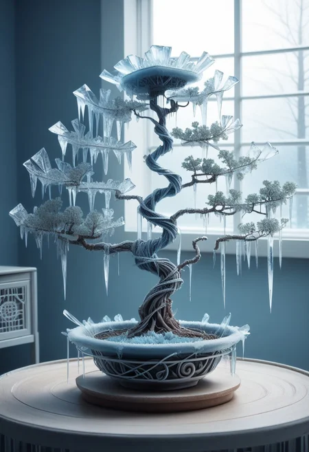 score_9, score_8, score_7, 1ce, ice, tree, bonsai, still life, silver wire, blue theme,
