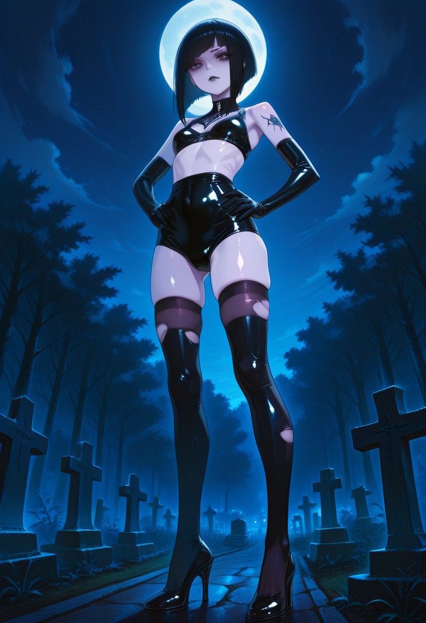 absurdres, masterpiece, best quality, very aesthetic, HDR, 8K, ultra-detailed, anime, 748cmstyle, cemetery, outdoor, night, moon, from below,
1girl, SadisTrix, solo, inverted bob hair, black hair, pale skin, skinny, arm tattoo, makeup, black lips, small breasts, gothic, latex legwear, torn thighhighs, shiny clothes, elbow gloves, latex, tight bra, high-waist panties, high heels, hands on hips, skindentation, shiny skin, dominant female, (skinny),),