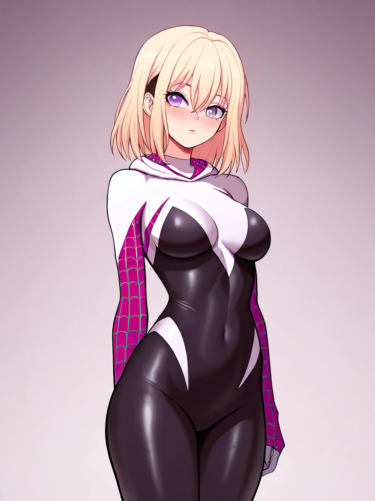 masterpiece,best quality,amazing quality,very aesthetic,absurdres,<lora:misumi_uika_ill_sdxl:1>,misumi_uika,sidelocks,<lora:spider-gwen_ill_sdxl:1>,hooded_bodysuit,superhero_costume,undercut,skin_tight,spider-gwen,