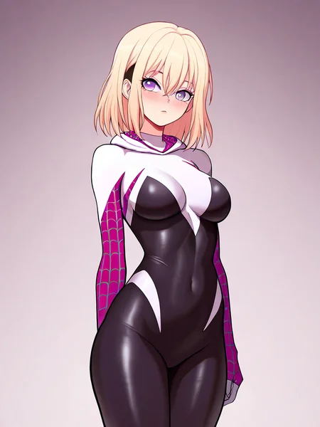 masterpiece,best quality,amazing quality,very aesthetic,absurdres,<lora:misumi_uika_ill_sdxl:1>,misumi_uika,sidelocks,<lora:spider-gwen_ill_sdxl:1>,hooded_bodysuit,superhero_costume,undercut,skin_tight,spider-gwen,