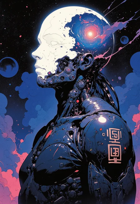 Cosmic, ethereal portrait of a figure.  Translucent head, revealing swirling nebulae and galaxies.  Dark, sleek suit, suggesting advanced technology.  Abstract, detailed textures on suit, showing intricate patterns.  Face is a void, replaced by a mesmerizing representation of space, with stars, and nebulae.  Deep space, cosmic background with nebulae and stardust.  Dramatic lighting highlights the head, showcasing its crystalline structure.  Mysterious, contemplative mood.  Sci-fi, surreal style.  High contrast, strong shadows.  Perspective is from slightly below, focusing on the subject.  Digitally painted, photorealistic style.  Ancient, Eastern-inspired symbols on the suit.  Cosmic, otherworldly, and dreamlike atmosphere.