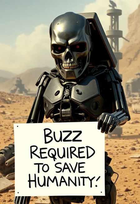 The Terminator standing on a futuristic battlefield, holding a sign that says “Buzz Required to Save Humanity.” His face is serious, with machines and debris scattered in the background.