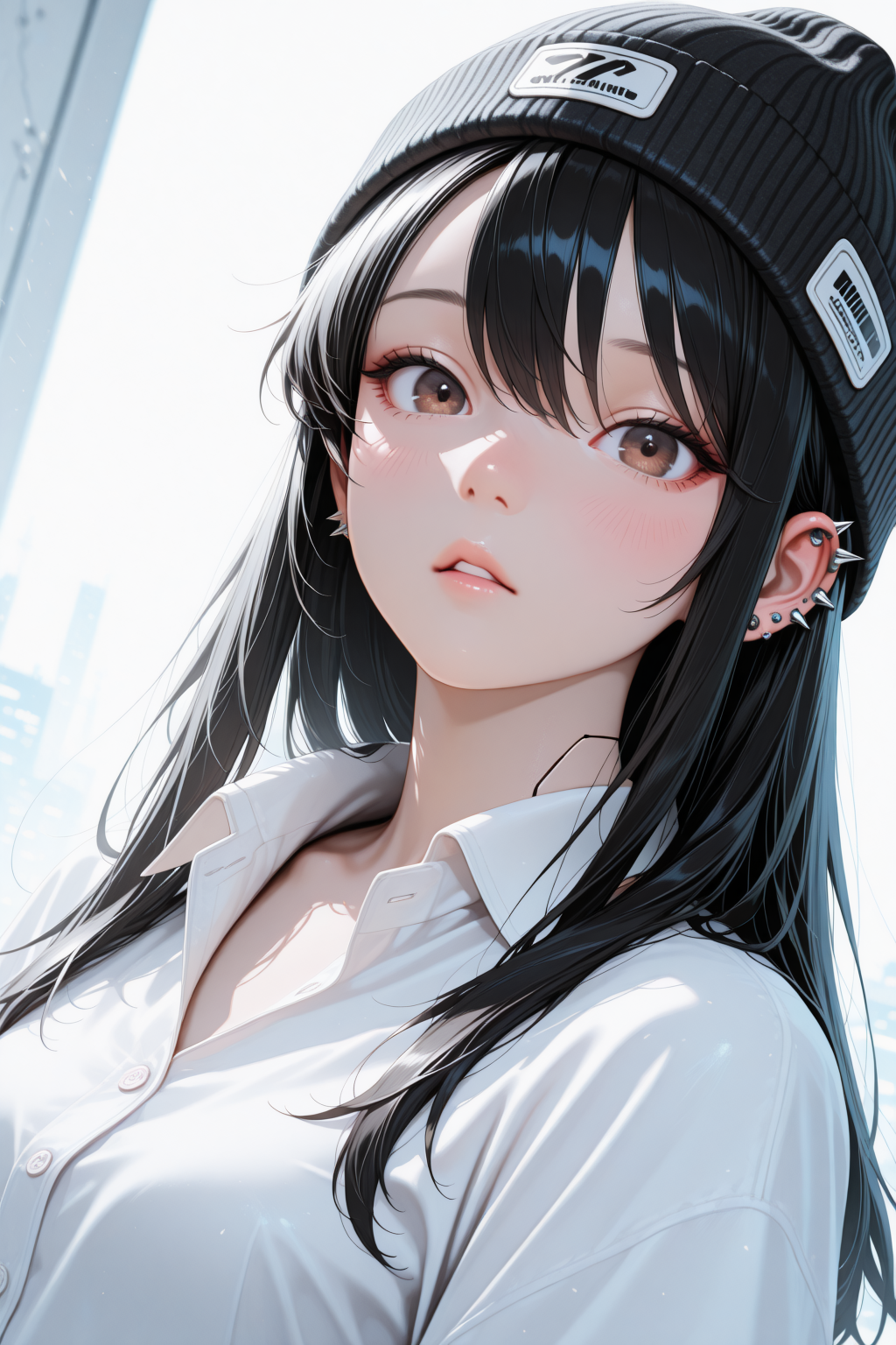 lazypos, close up shot, from front, parted lips, nostalgic, grainy, film burn, blurry, dynamic composition, cyberpunk aesthetics, detailed background, foreshortening, digital art, 2D illustration, dramatic lighting, white theme, light theme, 
blushing, asian girl, small head, pretty girl, korean girl,
slim body, small breasts, Dynamic angle, Dynamic pose, realistic,
ear piercings, 1girl,, beanie, black hair, black hat, brown eyes, collared shirt, earrings, hair between eyes, hat, long hair, looking at viewer, portrait,  shirt, sidelocks, solo, spiked ear piercing, spikes, , white shirt <lora:super_secret_lora_not_released:2> <lora:TrendCraft_The_Peoples_Style_Detailer-v2.3I-4_15_2025-Illustrious:0.4>
