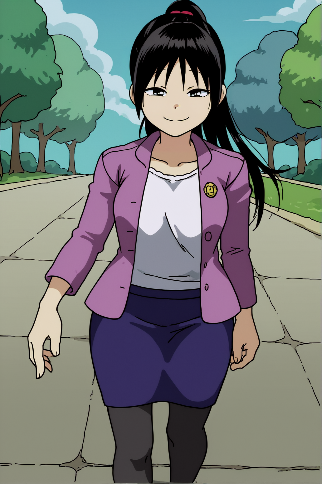 score_9, score_8_up, score_7_up,anime_source, source_anime, best background, detailed background, anime screencap,  Rena, pantyhose, pencil skirt, skirt, jacket, purple jacket, shirt, smile, white shirt solo, dynamic angle, naughty face, dynamic camera, dynamic pose, outdoors, walking,  <lora:JN_Rena:0.8>