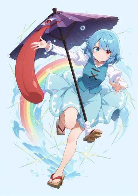 absurdres, highres, masterpiece, best quality, amazing quality, official anime artwork, screencap, anime screencap, looking at viewer, dynamic pose,
<lora:Kogasa-Tatara_Illustrious:1> tatara kogasa, 1girl, solo, heterochromia, red eyes, blue eyes, blue hair, short hair,, white shirt, long sleeves, juliet sleeves, blue vest, blue skirt, holding umbrella, karakasa obake,
water, smile, tongue out, rainbow, light particles, danmaku,