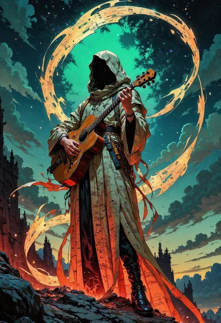 (in Otomo Katsuhiro style:1.2), masterpiece, high-quality, A lone musician cloaked in tattered robes woven from sheets of ancient sheet music, each note glowing faintly as if alive, She plays an unusual stringed instrument releasing ribbons of colored light that spiral around her forming abstract shapes in midair, The scene is set against a backdrop of surreal floating islands drifting through a twilight sky, light symphony, musical magic, floating islands, Stylized anime with surrealism and dreamlike hues, (elaborate fine details:1.1), (hyperdetailed:1.1), (intricate details:1.0), (Refined details:1.1), (best quality:1.1), (high resolution:1.2), <lora:FLUX\Anime v1.3:0.6> <lora:FLUX\VividlyReal:0.6>