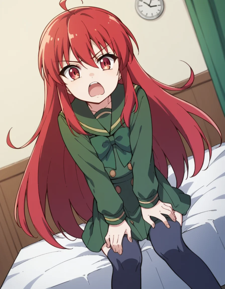 score_9, score_8_up, score_7_up, source_anime, <lora:shakugan-no-shana-s3-ponyxl-lora-nochekaiser:1>, shana, long hair, red hair, red eyes, ahoge, sidelocks,, school uniform, serafuku, green serafuku, bowtie, green bowtie, green shirt, green sailor collar, long sleeves, green skirt, buttons, thighhighs,, bedroom, alarm clock, morning routine, yawning, stretching, on bed, , hands on own knees, looking at viewer, solo,, dutch angle, cowboy shot