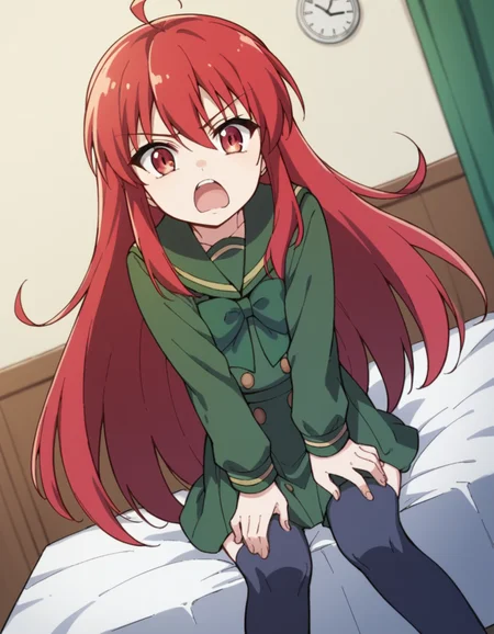 score_9, score_8_up, score_7_up, source_anime, <lora:shakugan-no-shana-s3-ponyxl-lora-nochekaiser:1>, shana, long hair, red hair, red eyes, ahoge, sidelocks,, school uniform, serafuku, green serafuku, bowtie, green bowtie, green shirt, green sailor collar, long sleeves, green skirt, buttons, thighhighs,, bedroom, alarm clock, morning routine, yawning, stretching, on bed, , hands on own knees, looking at viewer, solo,, dutch angle, cowboy shot