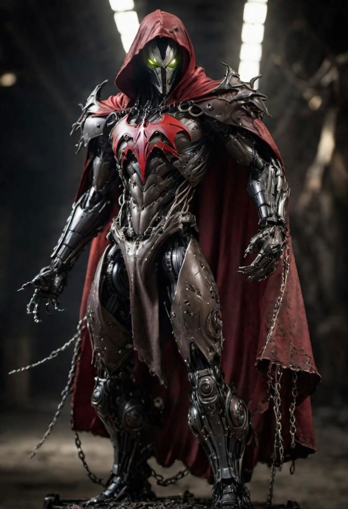 a photograph of spawn, balanced composition, made of black goo, (weathered patina:1.2), black costume, animated red cape made of liquid, "M" on chest, chains, moody lighting, cinematic, complex robot, biomechanical, hyper detailed <lora:compb0t:0.5> <lora:Spawn:0.8> comprobo