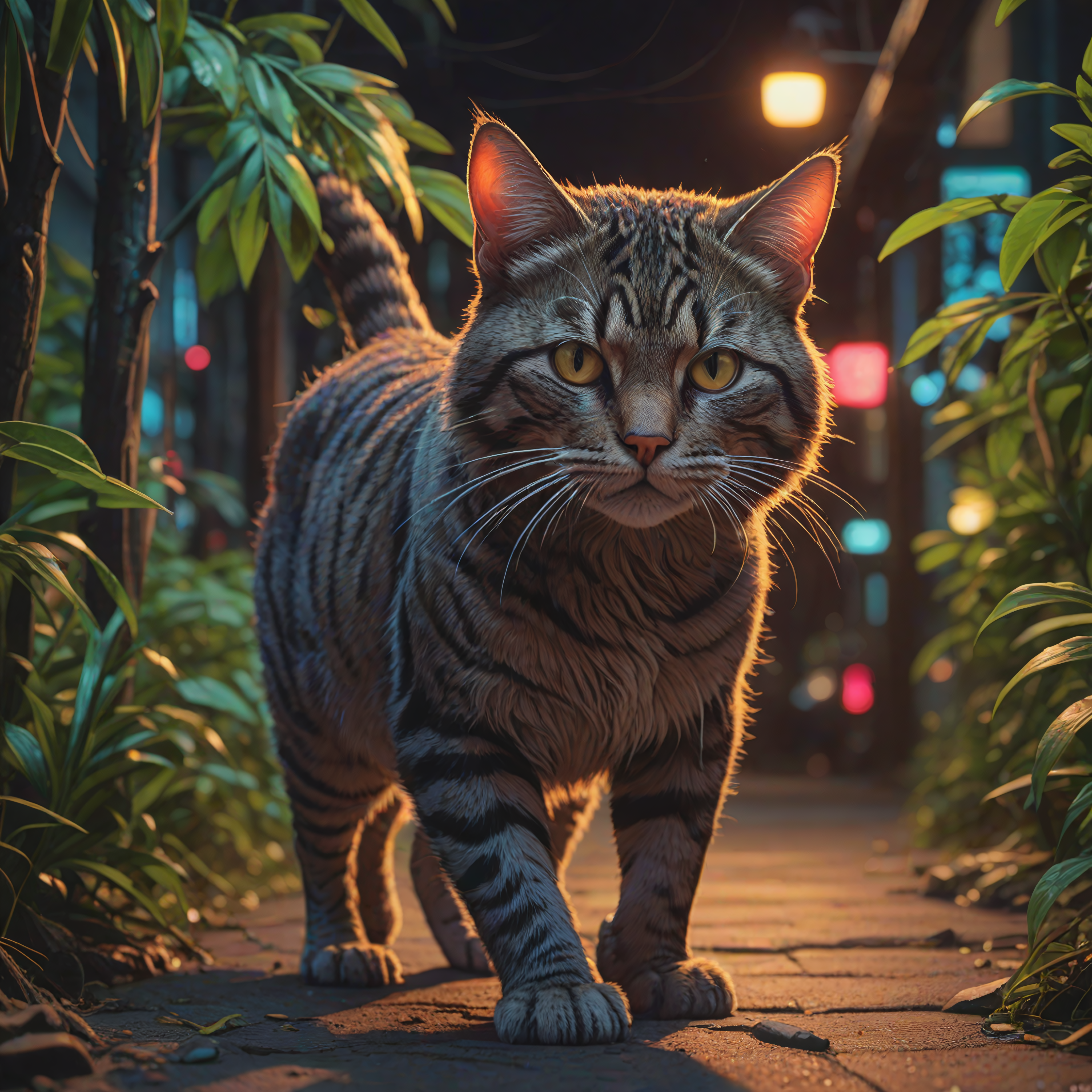 Feline ("I'm bringing sexy back, yeah.":1.2) , trees, shallow depth of field, (stylized by Takasaki Masaharu:0.8) , (Hiroyuki-Mitsume Takahashi:0.8) , Lonely, Neon Light, Depth of field 270mm, vivid ,8k, masterpiece, best quality, hyperrealistic, superrealistic, photorealistic, ultra sharp, 16 bit colors, highres,