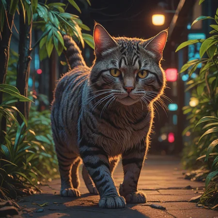 Feline ("I'm bringing sexy back, yeah.":1.2) , trees, shallow depth of field, (stylized by Takasaki Masaharu:0.8) , (Hiroyuki-Mitsume Takahashi:0.8) , Lonely, Neon Light, Depth of field 270mm, vivid ,8k, masterpiece, best quality, hyperrealistic, superrealistic, photorealistic, ultra sharp, 16 bit colors, highres,