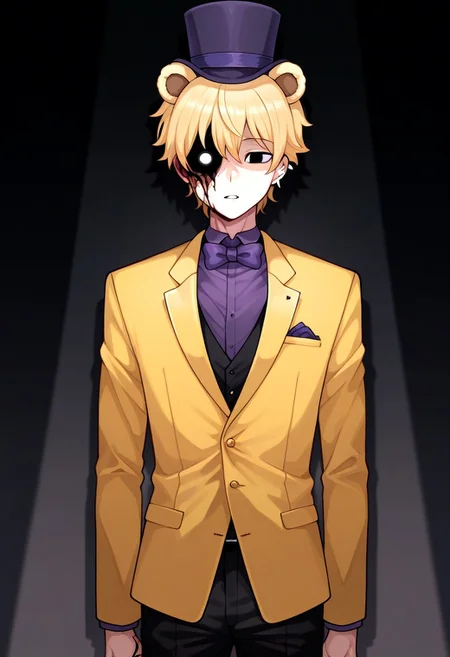 <lora:hiroki-illustXL-test-000009:0.8> source_anime, masterpiece, perfect shading, 1boy, Hiroki, fine blonde hair, slight build, by TerasuMC, correct hair color :male blonde, missing eye, glowing white pupil, yellow_fancy_suit, more damaged, missing right ear, wires,, classy purple top hat, purple bow tie with a neck strap, robot joints, hollow eyes, horror, bear ears, black_pants, shadow over body
