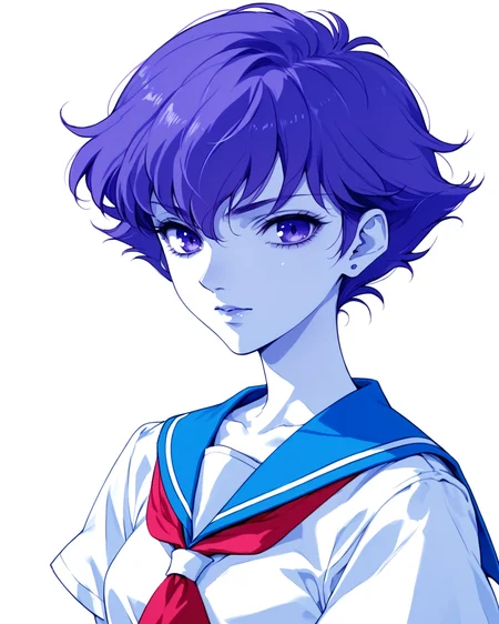 score_9, score_8_up, score_7_up, score_6_up, score_5_up, score_4_up, <lora:Kozue_Kaoru_Pony_XL:0.9> 1girl, kozue, short hair, purple hair, purple eyes, japan school uniform, blue theme, white background, white skin