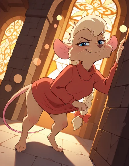 masterpiece, best quality, amazing quality, masterpiece, newest, absurdres, safe, , very aesthetic, absurdres,  jennynimh2, anthro, furry female, mouse tail, blue eyes, mouse ears, mouse girl, brown fur, whiskers, blonde hair, long hair, braided ponytail, red turtleneck sweater, long sleeves, red bow, dynamic pose, dynamic pose, dynamic angle, dramatic angle, closed mouth, inside, castle, hallway, torches on walls, stained glass windows, volumetric lighting, (light rays:1.3), (bokeh:1.5), leaning forward, looking at viewer, smug, smirk, lifted eyebrow, fullbody shot, , <lora:3d2116e4-c604-49e7-800c-60beed9a4787:1.2>
