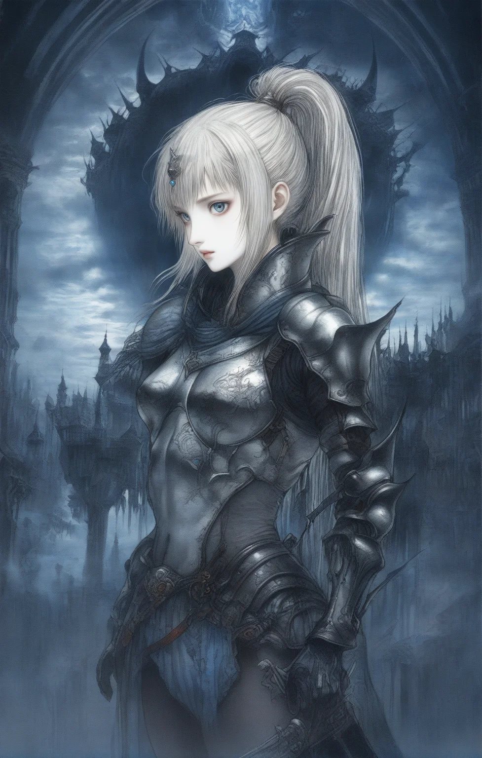 <lora:amano_yoshitaka_xl:1> by amano yoshitaka, a female knight in armor, ((thigh gap, pantyhose)), high ponytail, platinum blonde hair, 8k, intricate detail, cinematic lighting, amazing quality, amazing shading, Detailed Illustration, wallpaper, official art, extremely detailed eyes and face, beautiful detailed eyes, burnished silver, ((masterpiece, best quality)), from side, upper body, navel