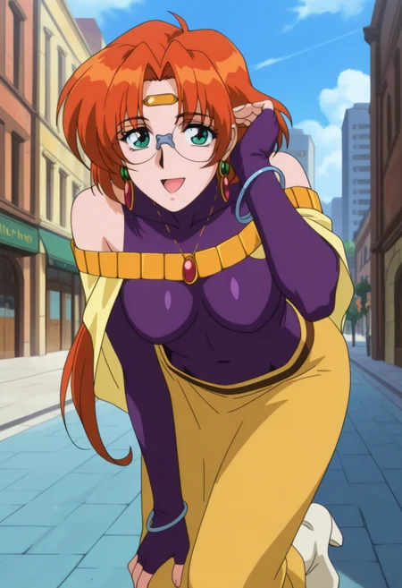 masterpiece, best quality, amazing quality, absurdres, anime coloring, retro artstyle, 1990s (style), 1girl, solo, ailaww, mature female, green eyes, orange hair, long hair, low ponytail, glasses, rimless eyewear, medium breasts, circlet, yellow capelet, purple turtleneck shirt, sleeveless, covered collarbone, bare shoulders, purple elbow gloves, fingerless gloves, long sleeves, covered navel, yellow long skirt, white boots, high heels, jewelry, earrings, necklace, bracelet, <lora:Aila_Mahou_Senshi_Louie_ill:0.9>, downblouse, cleavage, hanging breasts, bent over, adjusting hair, looking at viewer, smile, open mouth, outdoors, city, day, skindentation, detailed clothing folds, depth of field, sharp, high contrast, dynamic light