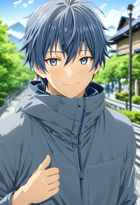 high resolution, solo, best quality, 1Boy, Tomoya Okazaki, Grey Blue Hair, Looking at viewer, happiness, depth of field, half body, outdoor, OverallDetail