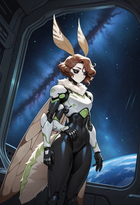 best quality, newest, highres, absurdres, masterpiece,
1girl, anthro, (moth), insect, female, lepidopteran, arthropod, ((4 arms)), 4 wings, 2 antennae, antennae anatomy, arthropod abdomen, black eyes, exoskeleton, multi arm, solo, brown exoskeleton, green exoskeleton, light green fur, white fur, neck tuft, fur, fluffy, wings, lepidopteran wings, multi wing, digitigrade, hair, curly hair, short hair, brown hair, eyelashes, feelers, insect head, moth head, joints, tail, 5 fingers, detailed hands,
dynamic angle,
((white armor, breastplate, power armor, super soldier, gloves, black bodysuit, science fiction)),
(futuristic, space base, outdoors, planet, outer space, milky way:1.5), (detailed eyes, eye shine:1.5), science fiction, futuristic corridor, indoors, (dark room:1.8), standing, ((cowboy shot)),
