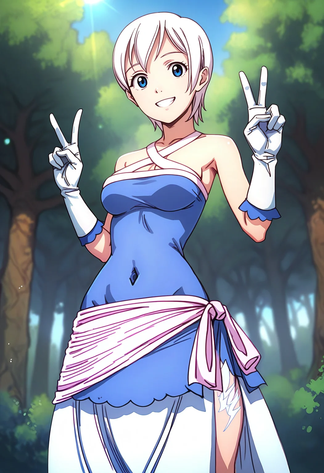 score_9, score_8_up, score_7_up, score_6_up, <lora:xFTLIS:0.9>, xFTLIS, white hair, short hair, hair between eyes, blue eyes, large breasts,
white gloves, elbow gloves, white criss-cross halter, blue short dress, white skirt, pink waistband, side slit, covered navel, blue sandals, thigh tattoo,
standing, looking at viewer, smile, portrait, v-sign,
BREAK, blue sky, forest, sunlight, day,
