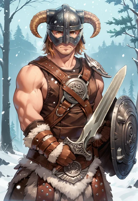 (score_9:0.9),score_8_up,score_7_up,rating_safe,anime style,(zPDXL),<lora:Dovahkiin Armor ponyXL v1.5:0.74>,dovahkiin armor,shield,solo,sword,muscular,male focus,1boy,horned helmet,brown gauntlets,holding sword,snowing,