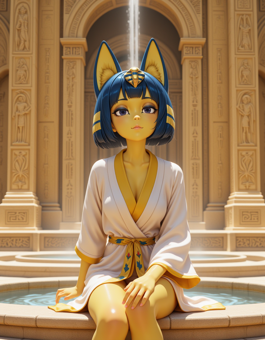 3d CGI Style in a wide shot. Looking at viewer, outdoors in daylight, explicit
She is a 25 year old mature woman, and adult, Inquisitive with tilted head, raised eyebrow, and a thoughtful expression. 
<lora:Animal_Crossing_-_Ankah_V2_000030:1> she is an  egyptian woman with yellow skin, with cat ears. Blue hair in a bob cut with blunt bangs, she is a furry female with a cat tail. Wearing a
Cotton wrap kimono robe, with wide sleeves, contrast lining, and embroidered cranes along the hem
A woman sits at the base of a large stone fountain, dipping her fingers into the cool water as she gazes at the intricate carvings surrounding her.