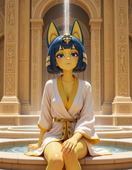 3d CGI Style in a wide shot. Looking at viewer, outdoors in daylight, explicit
She is a 25 year old mature woman, and adult, Inquisitive with tilted head, raised eyebrow, and a thoughtful expression.
<lora:Animal_Crossing_-_Ankah_V2_000030:1> she is an egyptian woman with yellow skin, with cat ears. Blue hair in a bob cut with blunt bangs, she is a furry female with a cat tail. Wearing a
Cotton wrap kimono robe, with wide sleeves, contrast lining, and embroidered cranes along the hem
A woman sits at the base of a large stone fountain, dipping her fingers into the cool water as she gazes at the intricate carvings surrounding her.