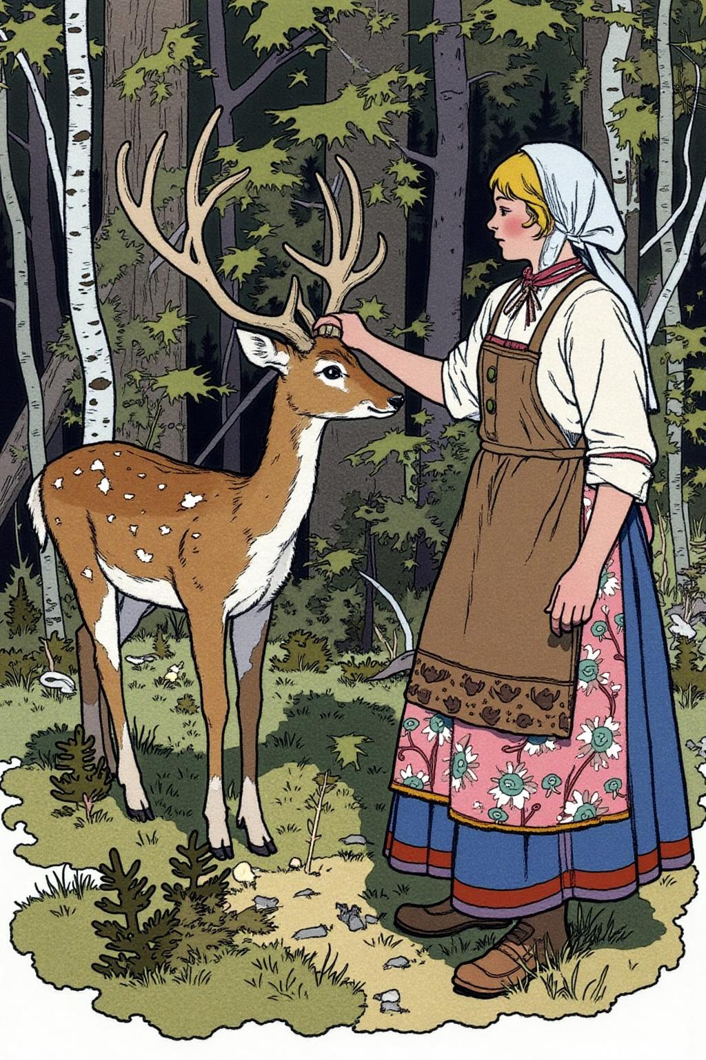 ivanbilibin1 illustration. A serene, forest scene with a young girl and a deer. The girl, dressed in a white pinafore dress with a pink floral pattern, a brown apron, and a white headscarf, stands on the right side of the image. She is gently holding a deer's antler, which the deer, a doe, is leaning into, suggesting a moment of interaction or connection. The doe has a soft, brown coat with white spots and is positioned on the left side of the image, standing on a patch of grassy ground.  <lora:ivanbilibin2_cap_d6a3e11:1.0><lora:857328074088296099:0>