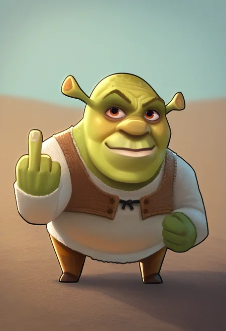 phdpigeon, chibi, score_9, score_7_up, <lora:Shrek_XLPD:1> shrek, green skin, middle finger,