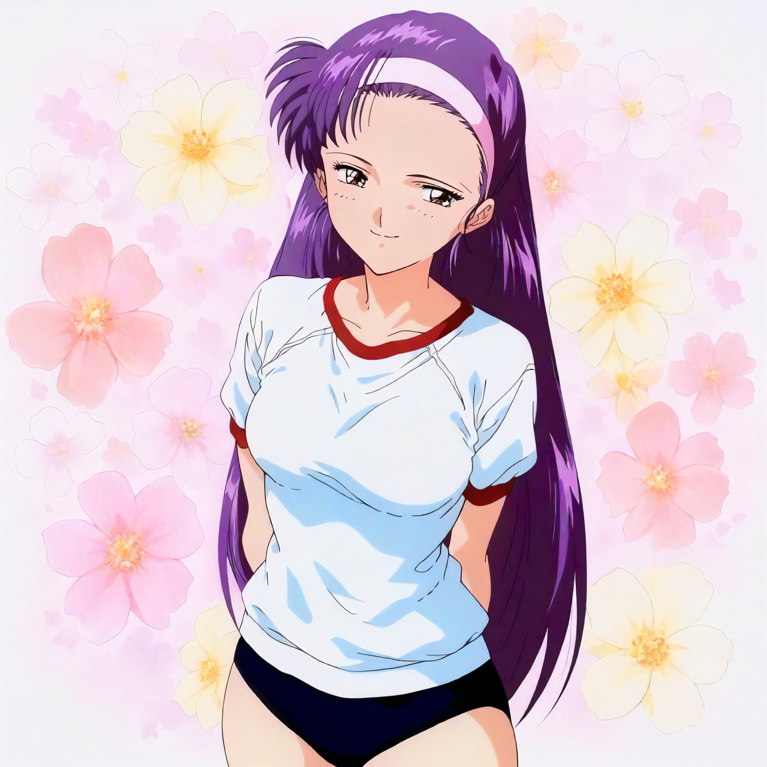 <lora:ZSBGP0_saionji_reikoXLanimagine001>,
masterpiece,high score,great score,absurdres,
flower background,glitter,
smile,
looking at viewer,
solo,
anime coloring,1990s \(style\),
saionji_reiko\(zenkoku_seifuku_bishoujo_grand_prix\),1girl,purple hair,long hair,hairband,forehead,brown eyes,
gym shirt,white shirt,short_sleeves,red trim,
black buruma,
cowboy shot,
standing,