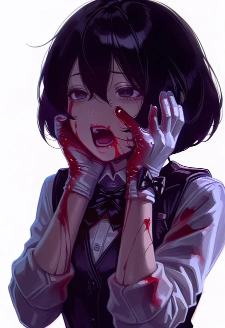 masterpiece, best quality, good quality, newest, very awa, 
1girl, solo, short hair, open mouth, simple background, black hair, gloves, white background, bow, hair between eyes, upper body, white gloves, bowtie, vest, blood, black bow, sleeves rolled up, blood on face, hands on own face, blood on clothes,