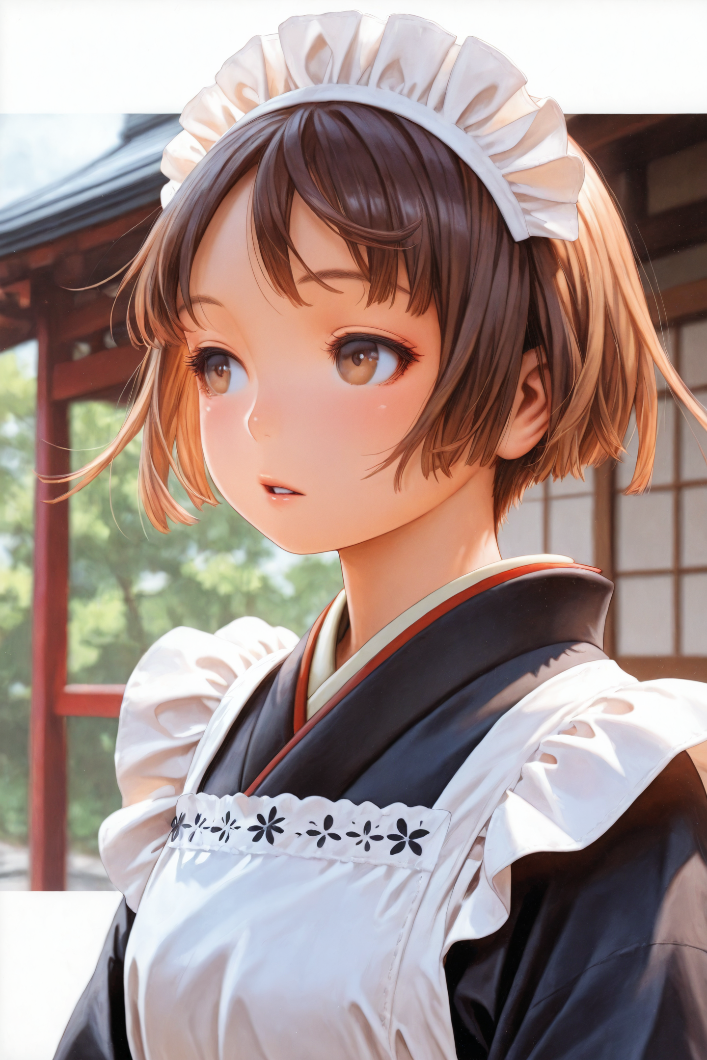 1girl,solo,maid,short hair,maid headdress,japanese clothes,wa maid,brown hair,brown eyes,kimono,upper body,apron,parted lips,black kimono,blurry,looking to the side,blurry background,maid apron,traditional media,
<lora:Range Murata_illustriousXL:1.2>,