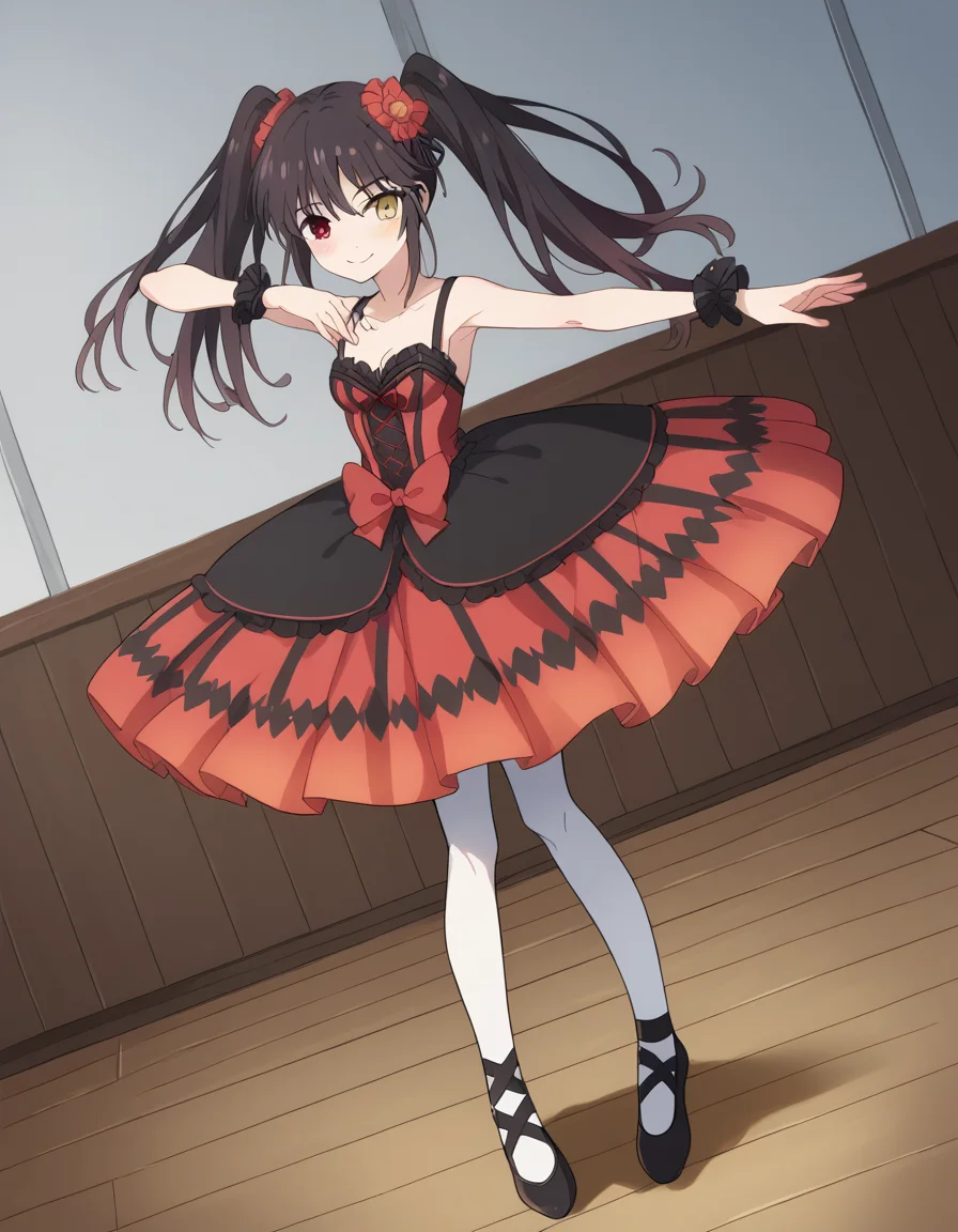 score_9, score_8_up, score_7_up, source_anime, kurumitokisaki, <lora:kurumi-tokisaki-s4s5-ponyxl-lora-nochekaiser:1>, kurumi tokisaki, black hair, red eyes, long hair, twintails, yellow eyes, heterochromia, clock eyes,, <lora:tutu-ponyxl-lora-nochekaiser:1>, tutu, ballerina, ballet, ballet slippers, white pantyhose,, indoors, dancing, smile, blush,, full body, dutch angle, looking at viewer,